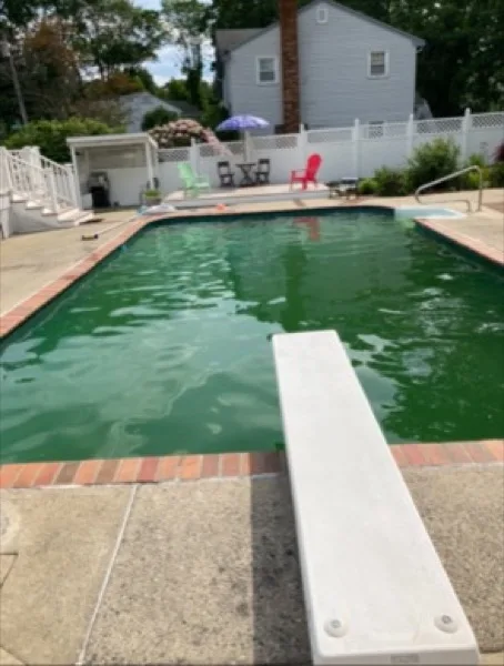 Pool with diving board before cleaning, water green with algae